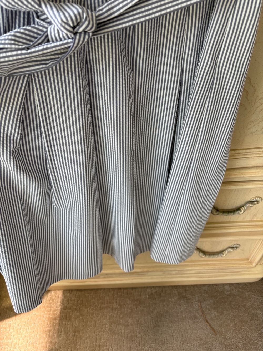 Anne Klein Mtn Blue and White Striped, Pleated Sleeveless Midi Dress with Tie - Picture 4 of 6